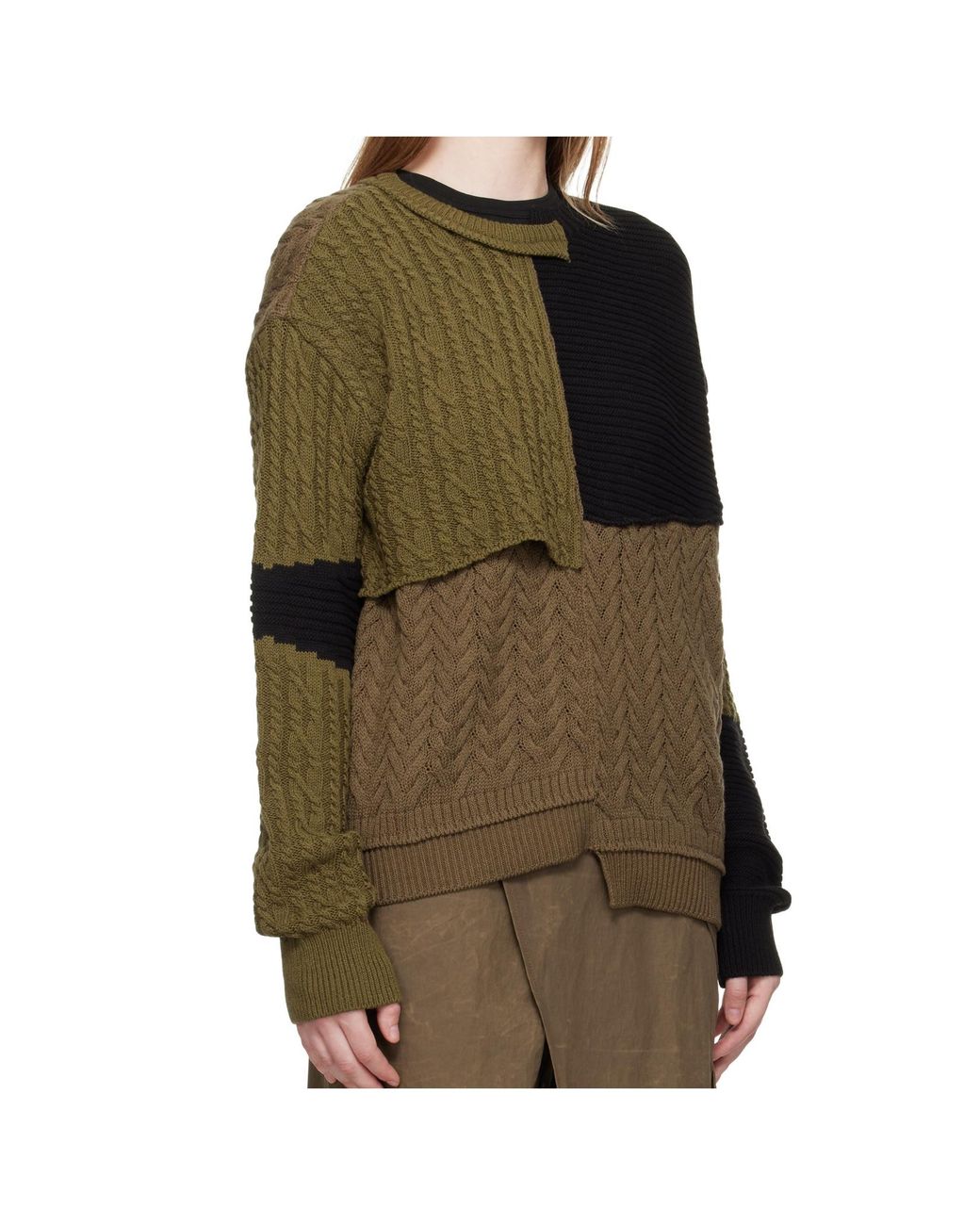 ANDERSSON BELL Green Patchwork Asymmetric Crew Neck Sweater