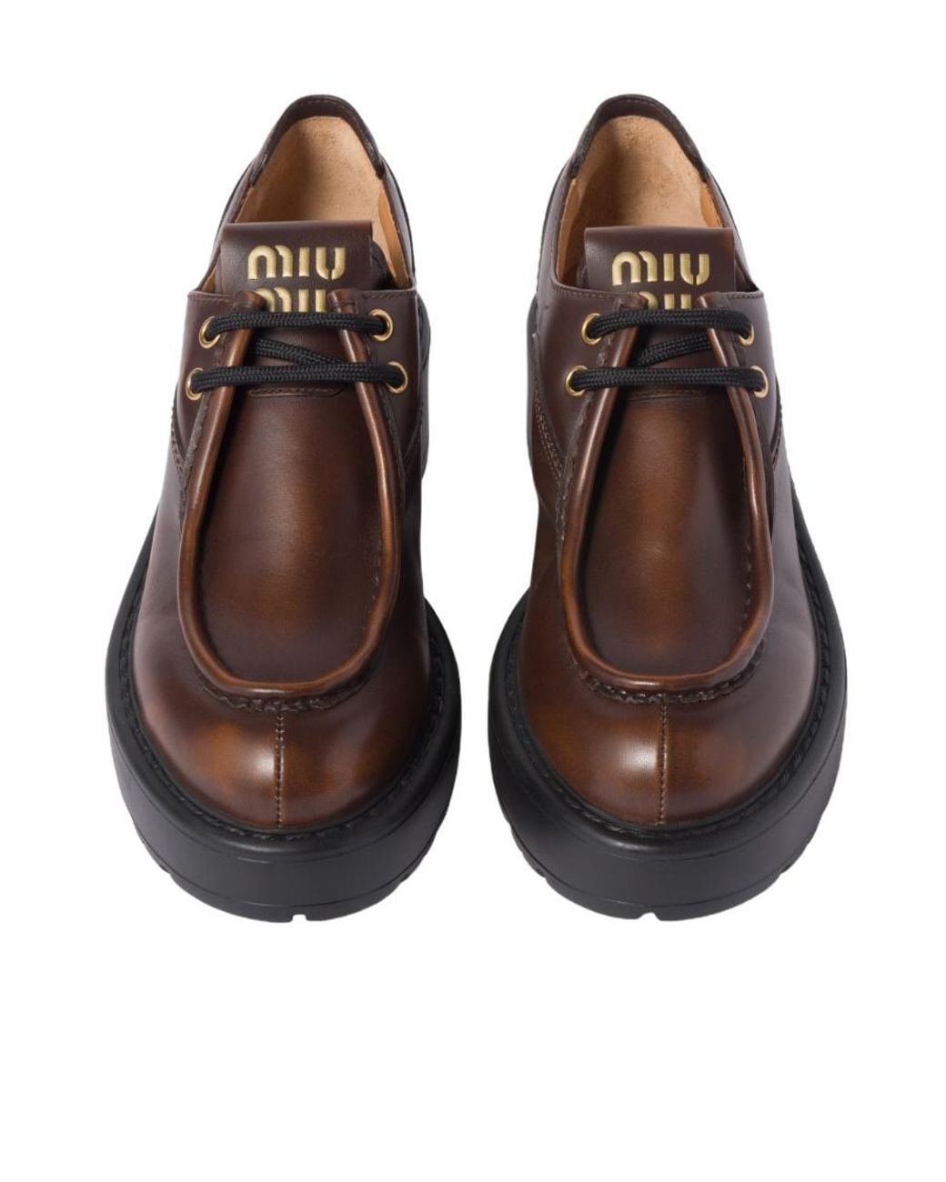Miu Miu Brown Logo-Patch Round-Toe Loafers