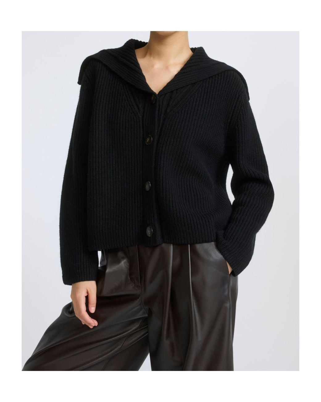 Yves Salomon Black Sailor-Collar Ribbed-Knit Cardigan