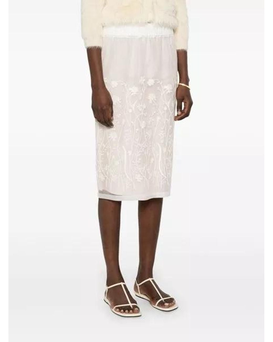 P.A.R.O.S.H. White Floral-Embroidered Midi Skirt