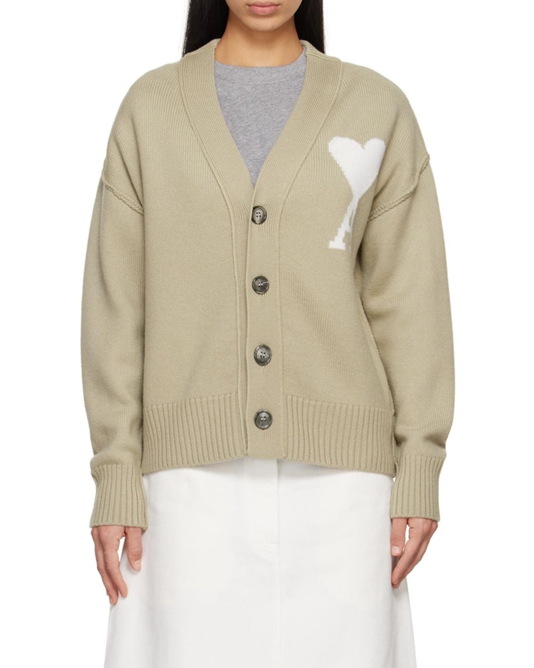 AMI Green Ami De Coeur Logo Intarsia Knitted Cardigan for men