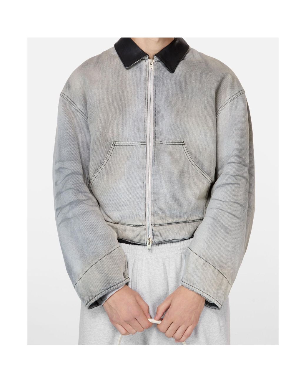 Acne Gray Zip Leather-Collar Denim Jacket for men