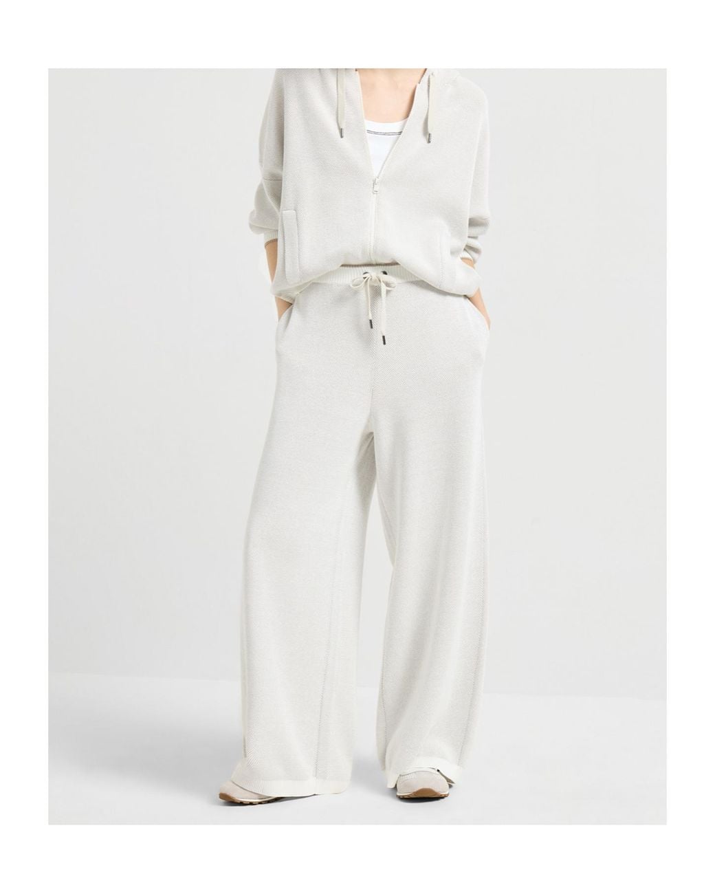 Brunello Cucinelli White Cotton Honeycomb Stitch Jacquard Knit Trousers