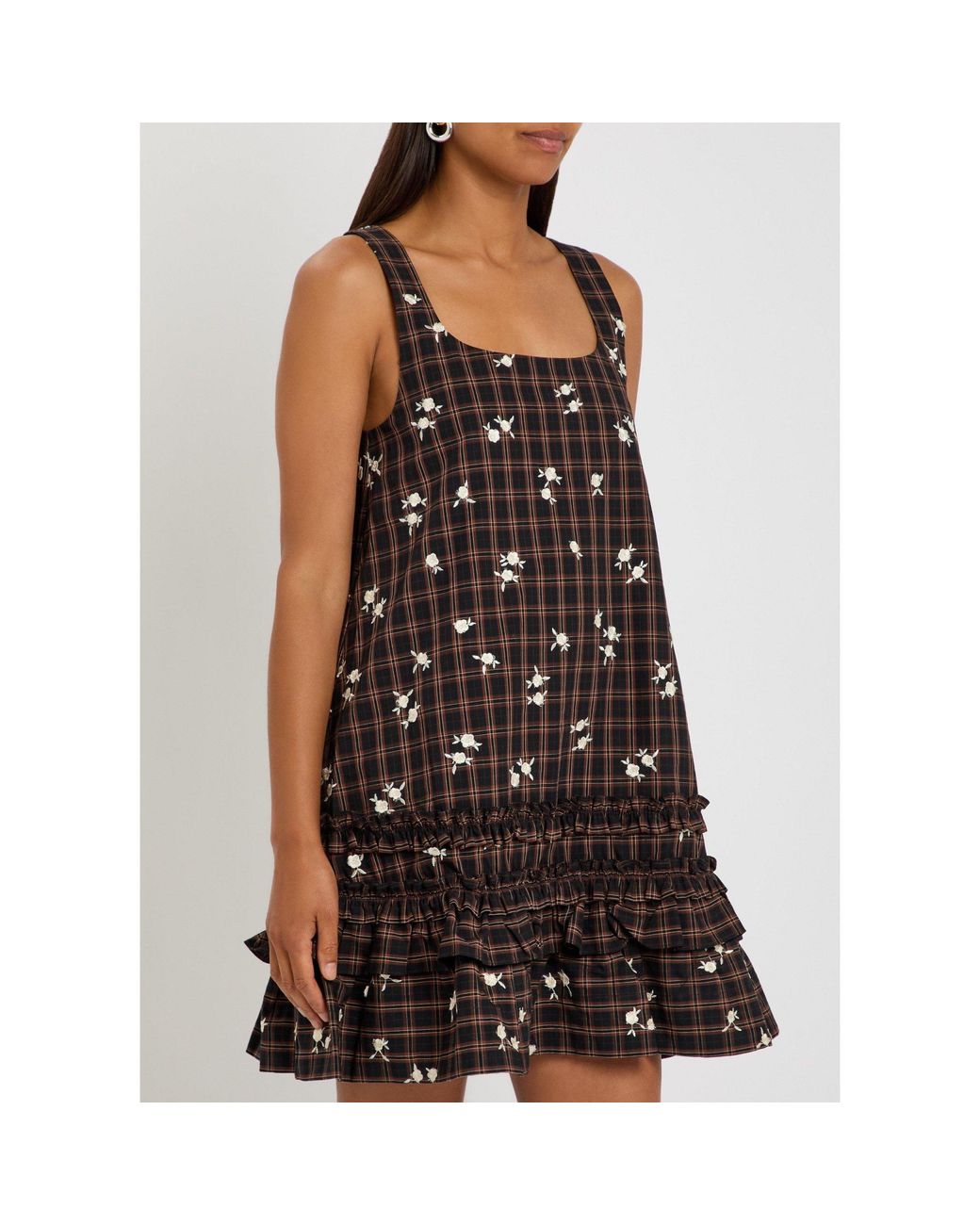 Ganni Brown Plaid Floral Embroidered Dress