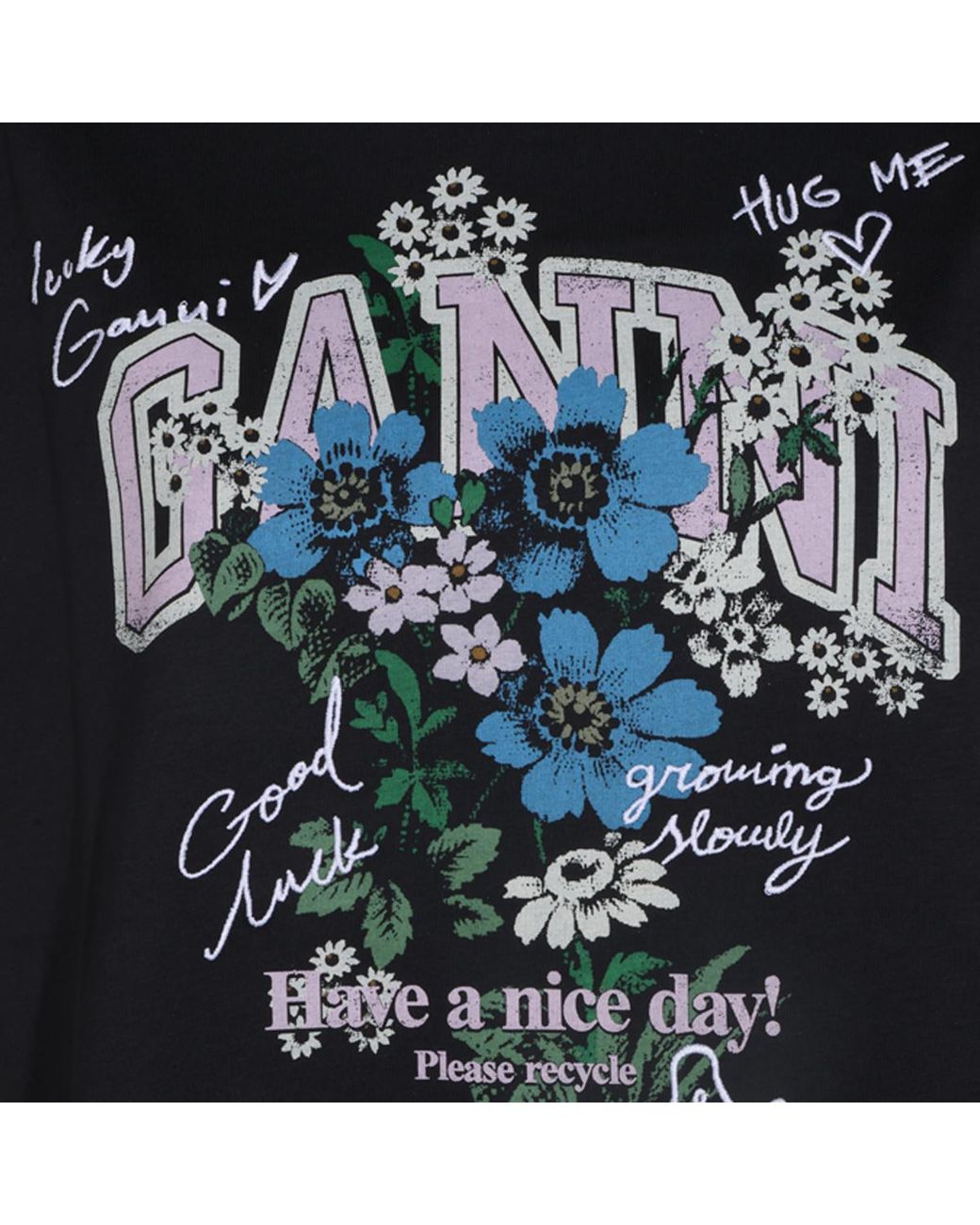 Ganni Black Relaxed Organic Cotton T-Shirt Flower