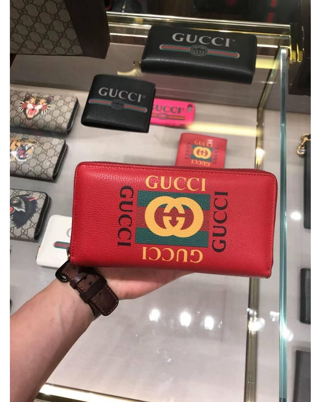 Gucci Red Print Leather Zip Around Wallet