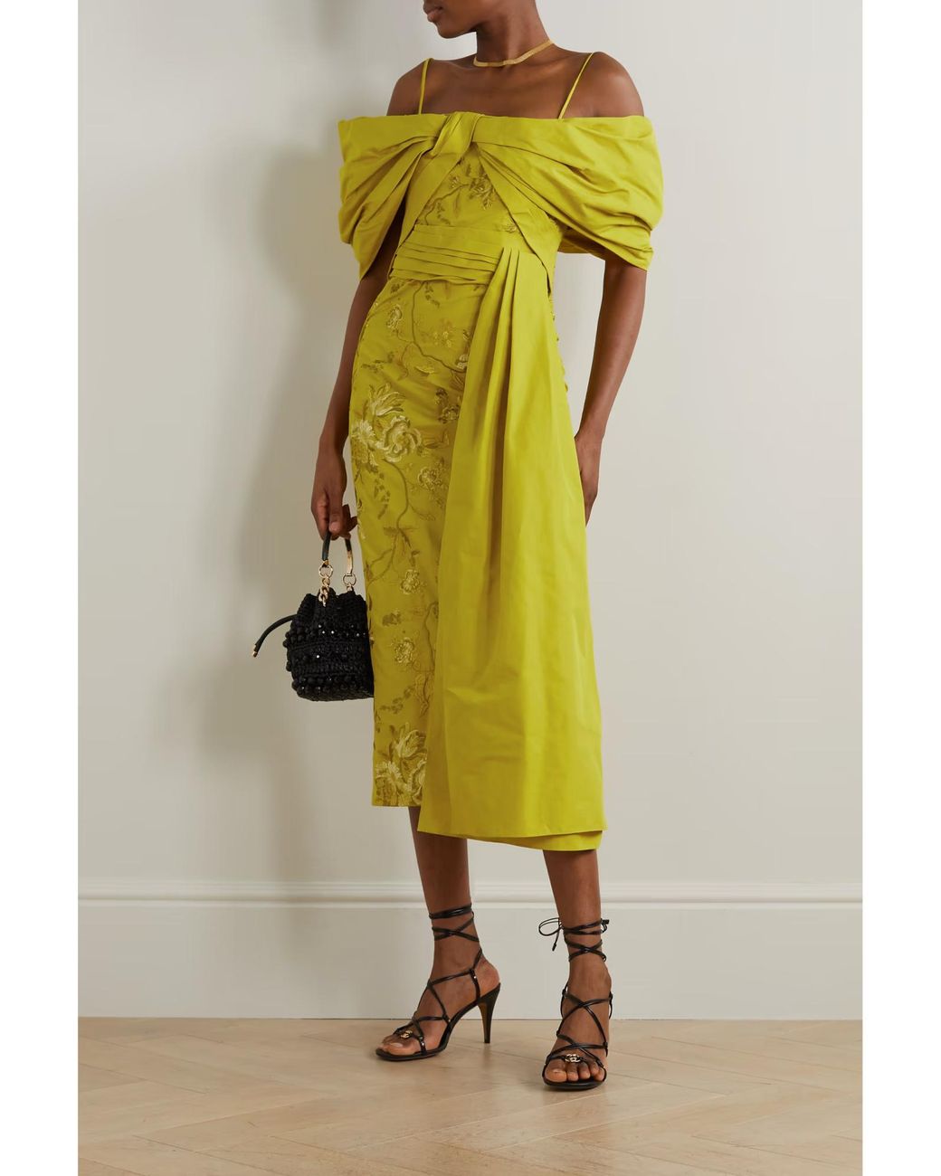 Erdem Yellow Evora Draped Taffeta And Embroidered Cotton-Faille Dress