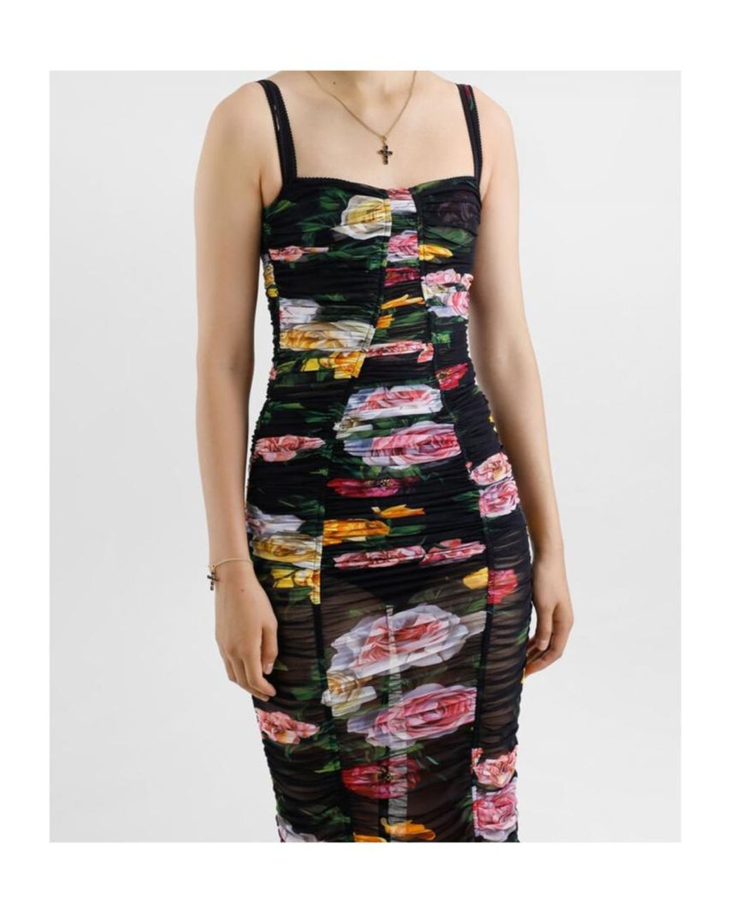 Dolce & Gabbana Black Floral Printed Tulle Calf-Length Slip Dress