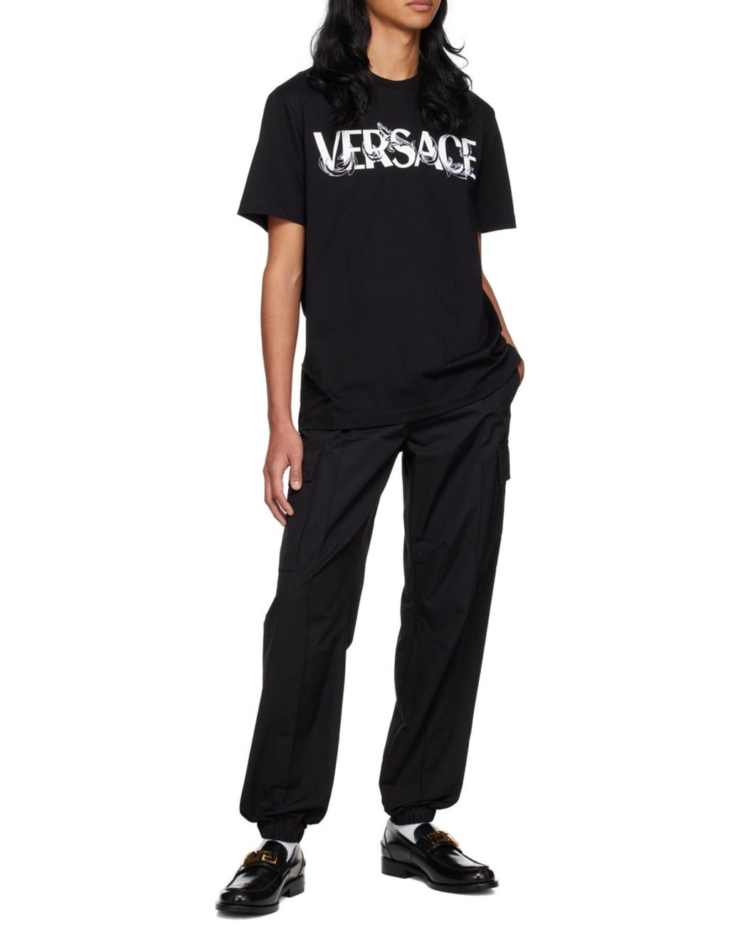 Versace Black Barocco Silhouette-Print Cotton T-Shirt for men