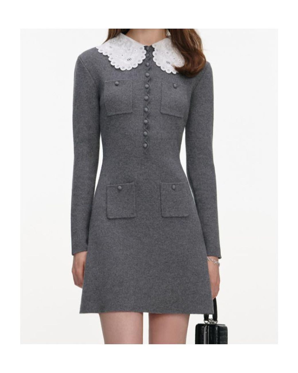 Self-Portrait Gray Contrast Collar Knitted Dress