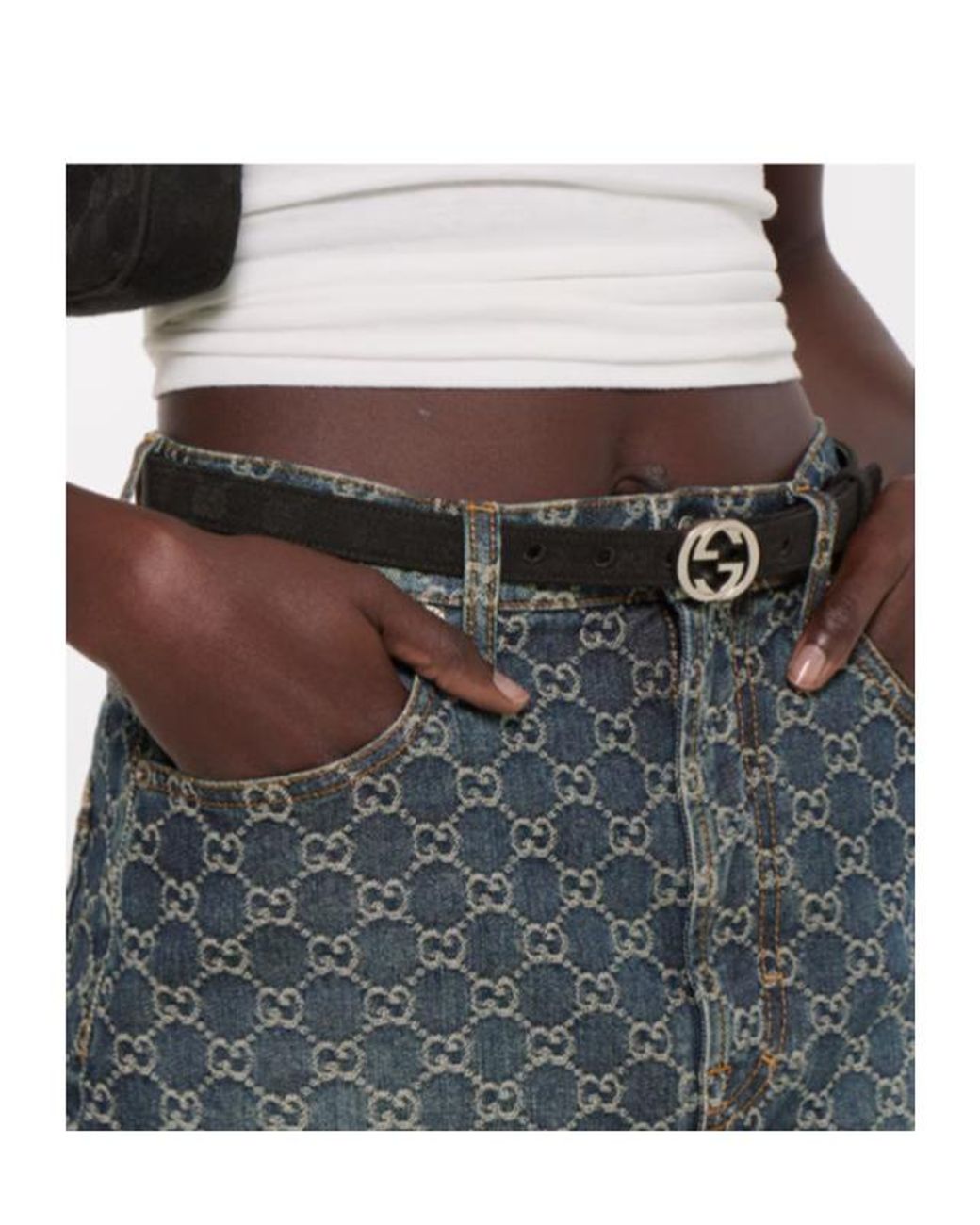 Gucci White Thin Belt With Interlocking G Buckle
