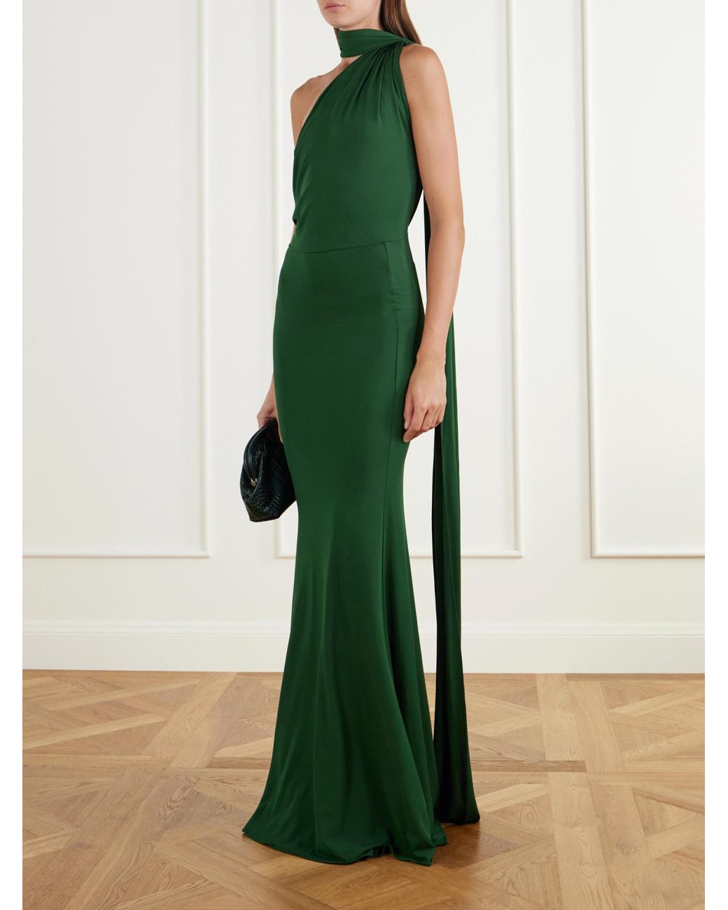 Alex Perry Green Scarf-Detailed One-Shoulder Ruched Jersey Gown