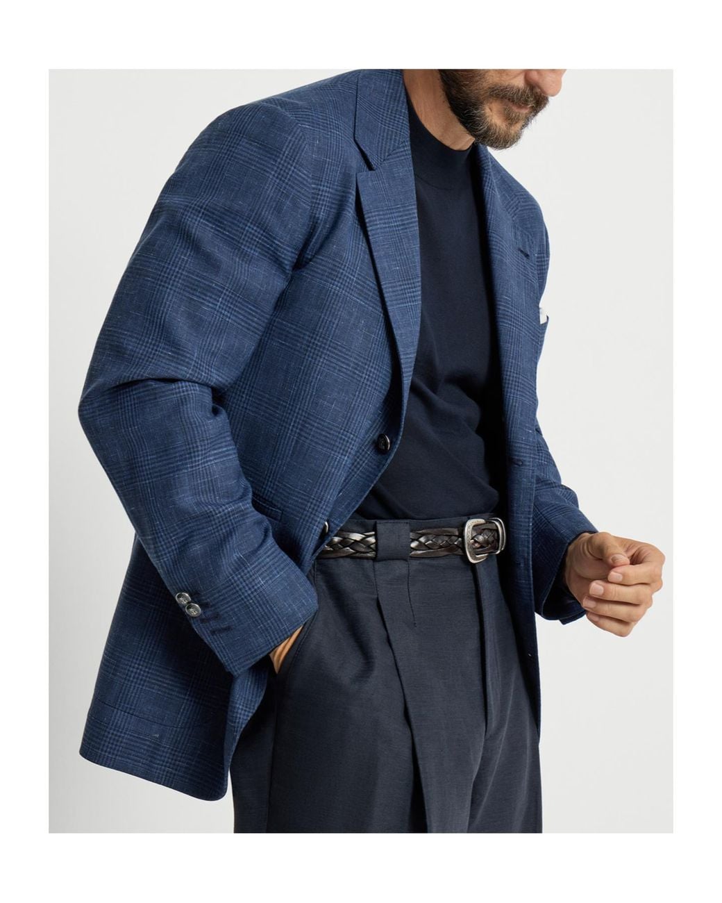 Brunello Cucinelli Blue Wool, Silk And Linen Prince Of Wales Deconstructed Blazer With Patch Pockets And Metal Buttons for men