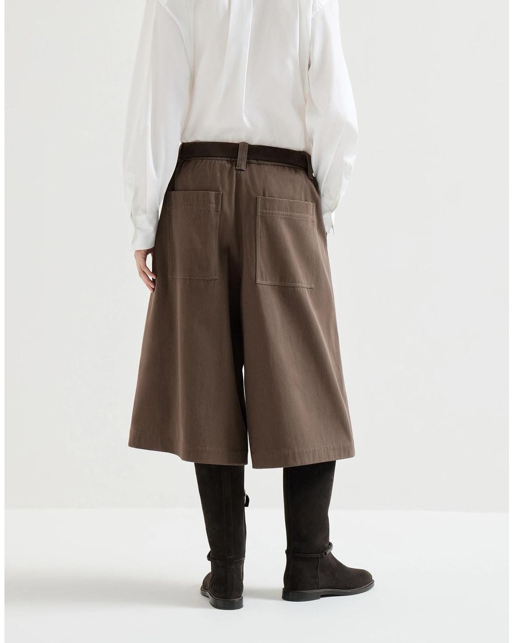 Brunello Cucinelli Brown Couture Cotton Gabardine Long Bermuda Shorts With Monili