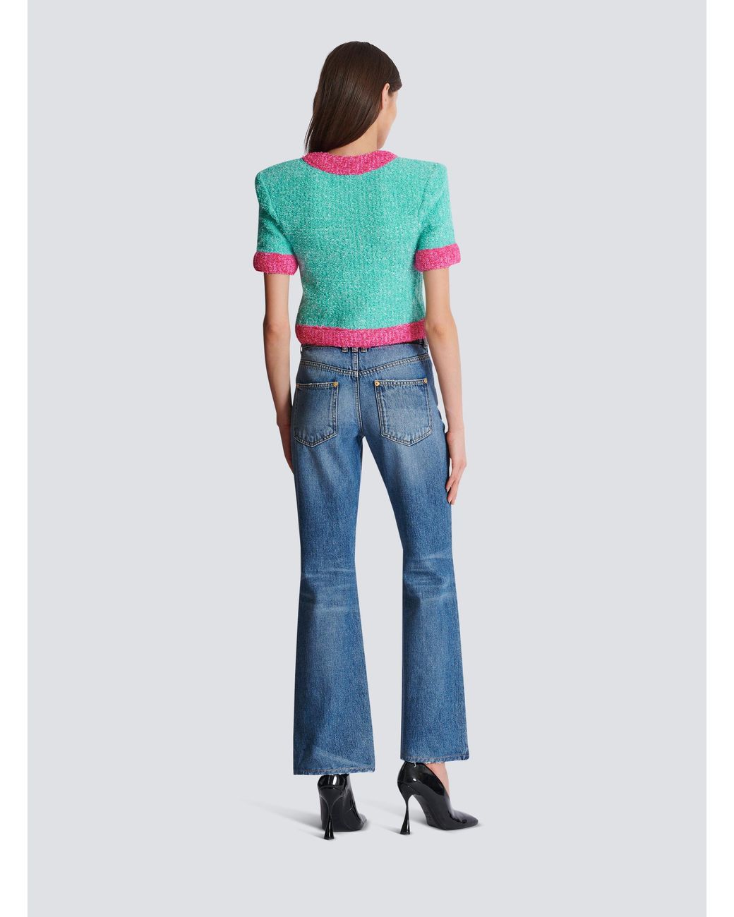 Balmain Pink Two-Tone Cropped Knit Cardigan