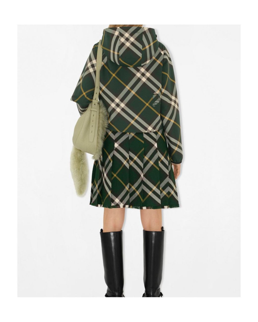 Burberry Green Check-Pattern Zip-Up Hooded Cropped Jacket