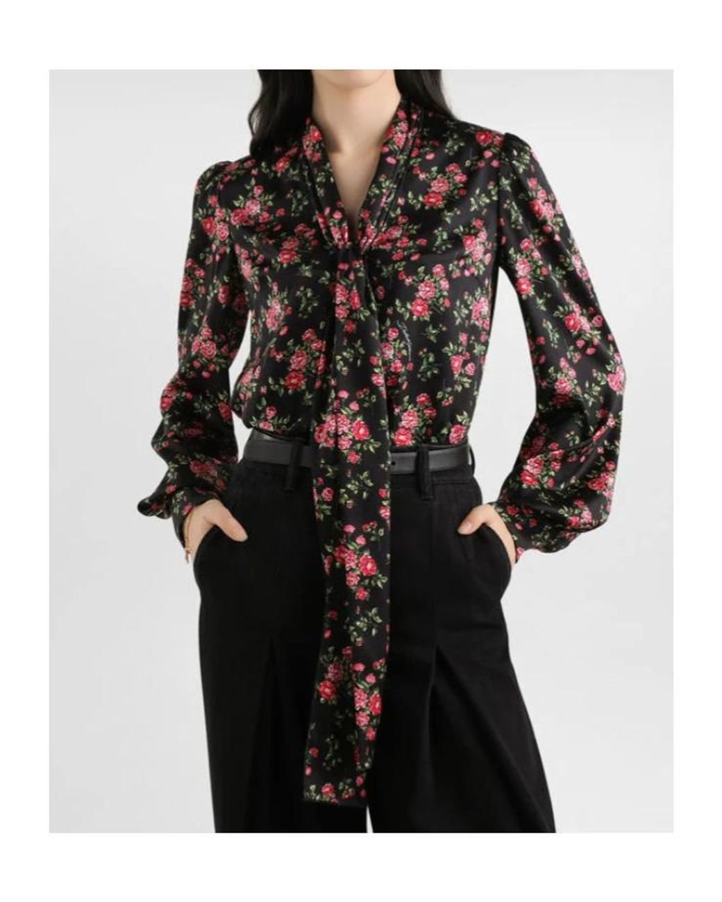 Dolce & Gabbana Black Stretch-Silk Rose Print Blouse
