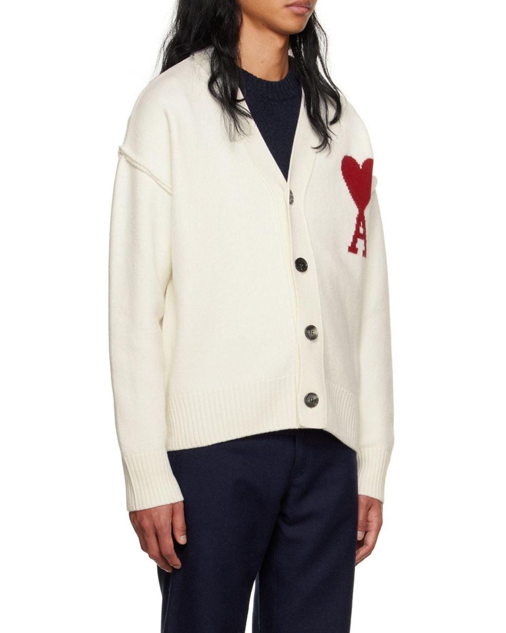 AMI White Ami De Coeur Logo Detailed V-Neck Cardigan for men