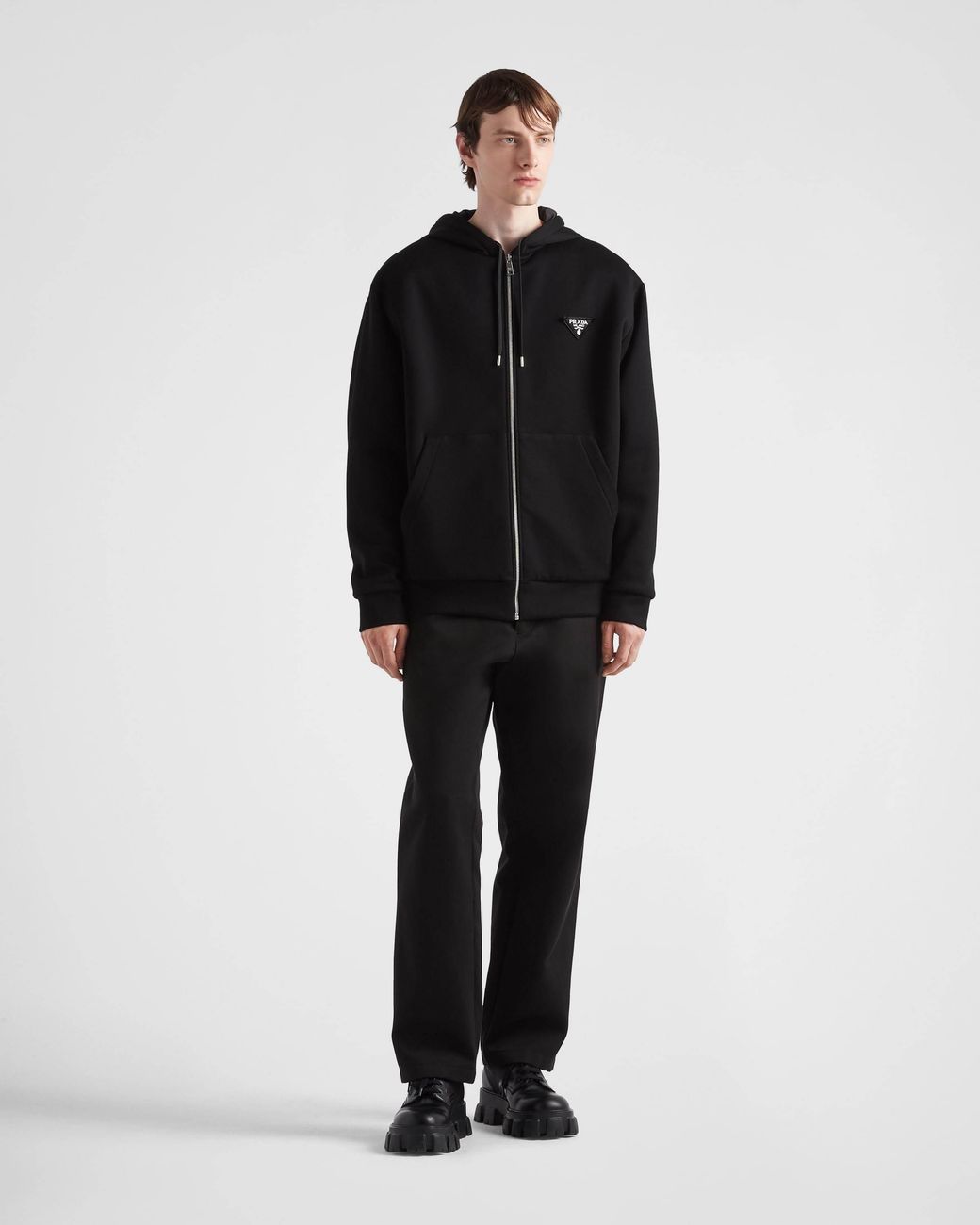 Prada Black Logo-Appliqué Zip-Up Drawstring Hoodie for men