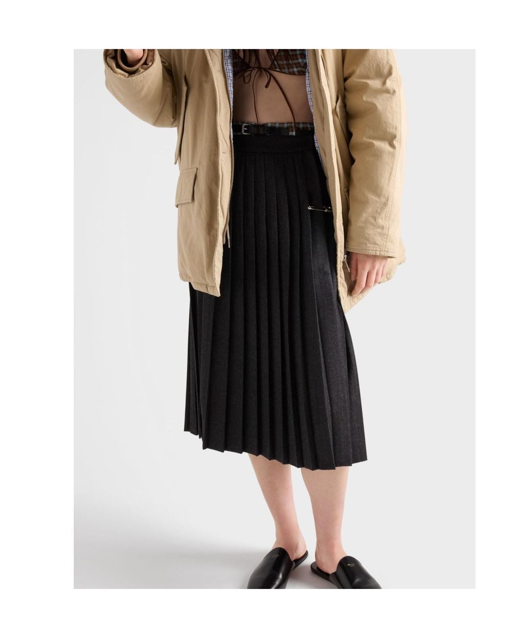 Prada Gray Pleated Wool Flannel Skirt