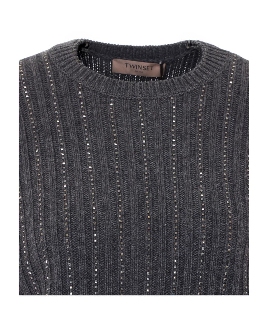 Twinset Gray Strass Ribbed Knitted Sweater