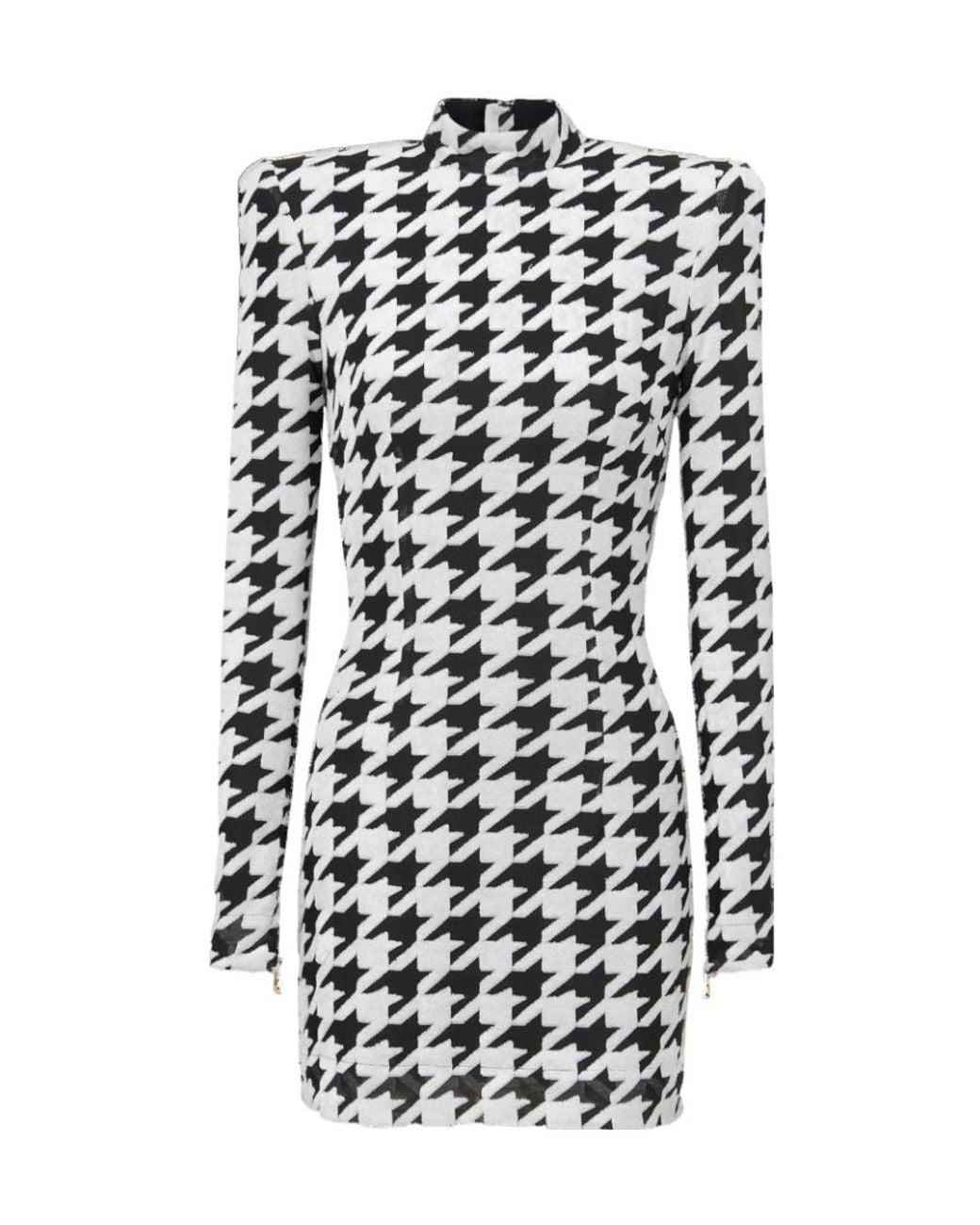 Balmain White Short Houndstooth Print Velvet Dress
