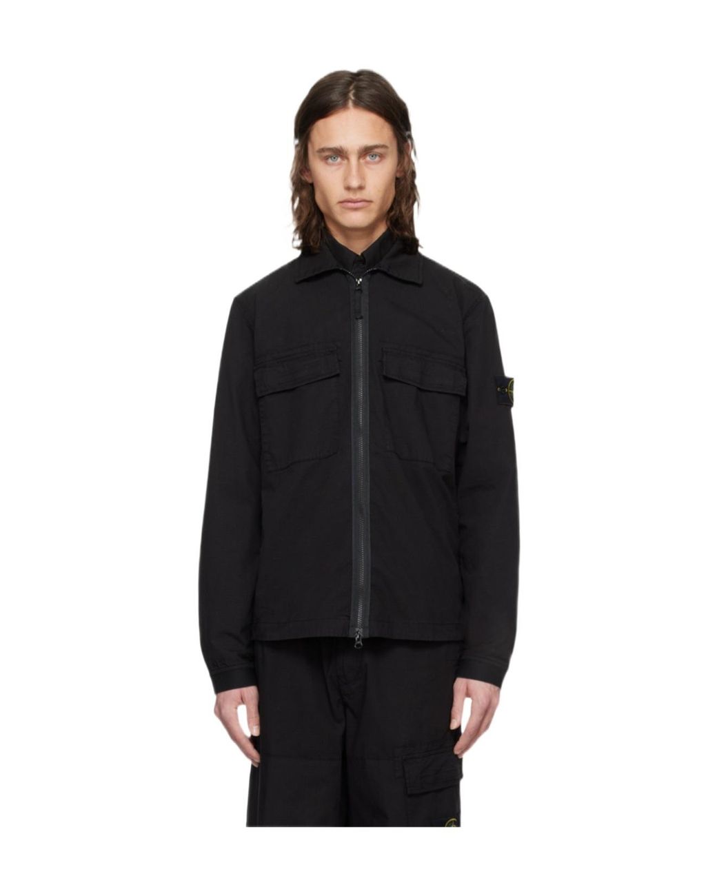 Stone Island Black Compass-Appliqué Zip-Up Shirt for men