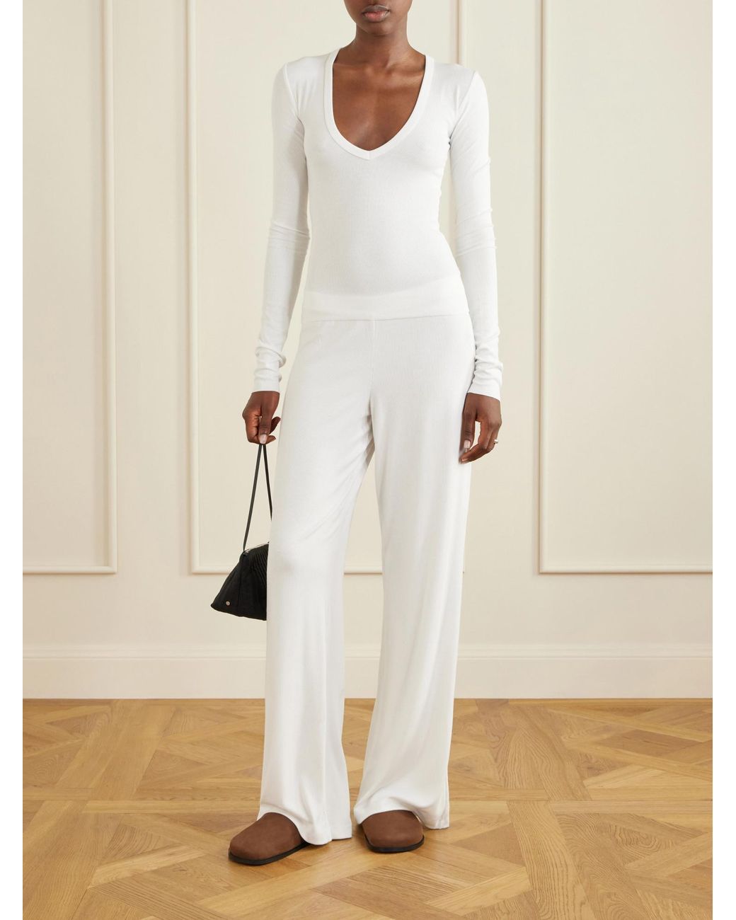 ÉTERNE White Easy Lounge Ribbed-Knit Jersey Wide-Leg Pants