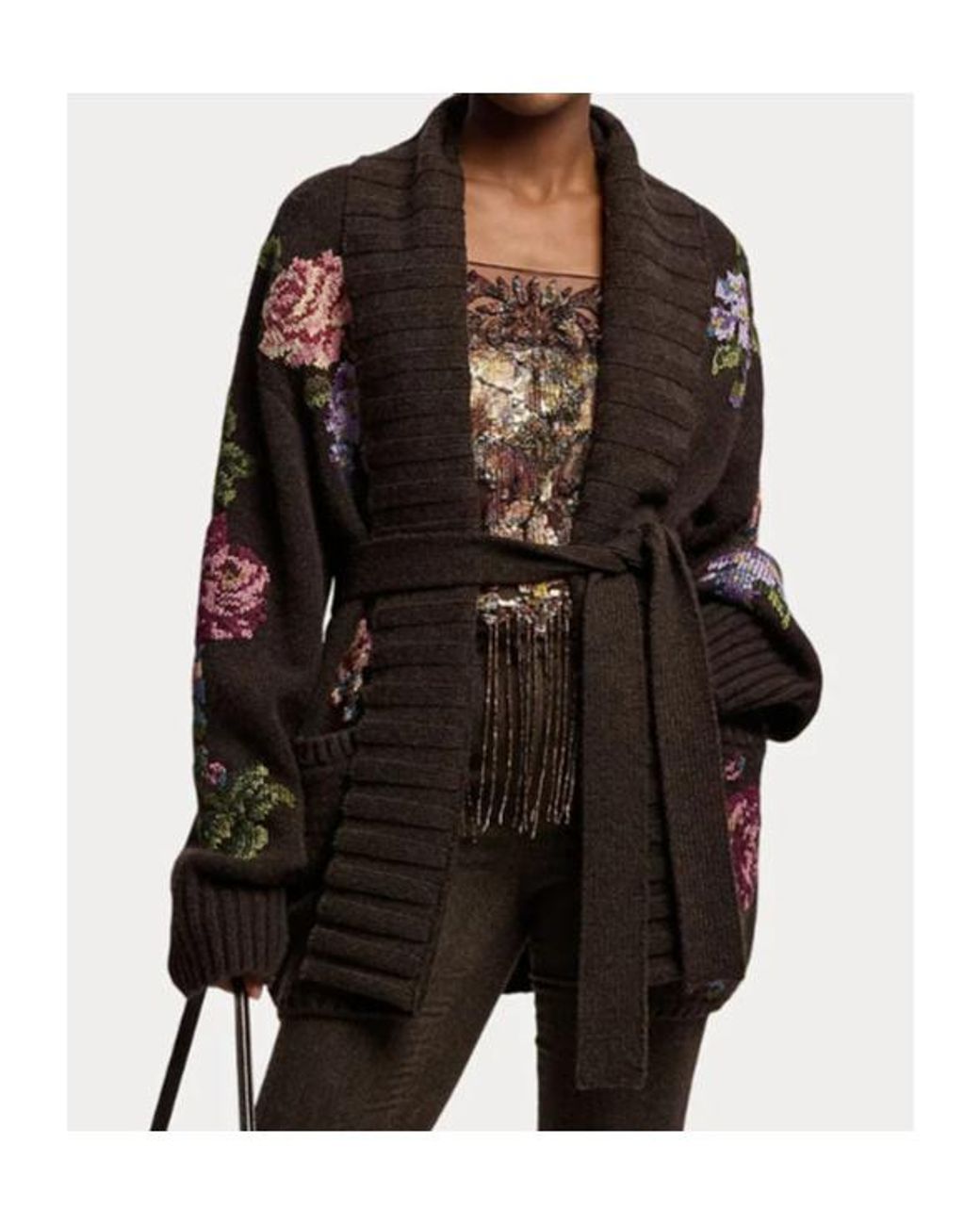 Ralph Lauren Black Floral Cashmere Shawl-Collar Cardigan