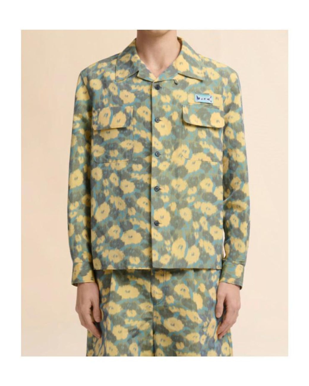 Marni Green Linen Blend Shirt With Floral Print for men