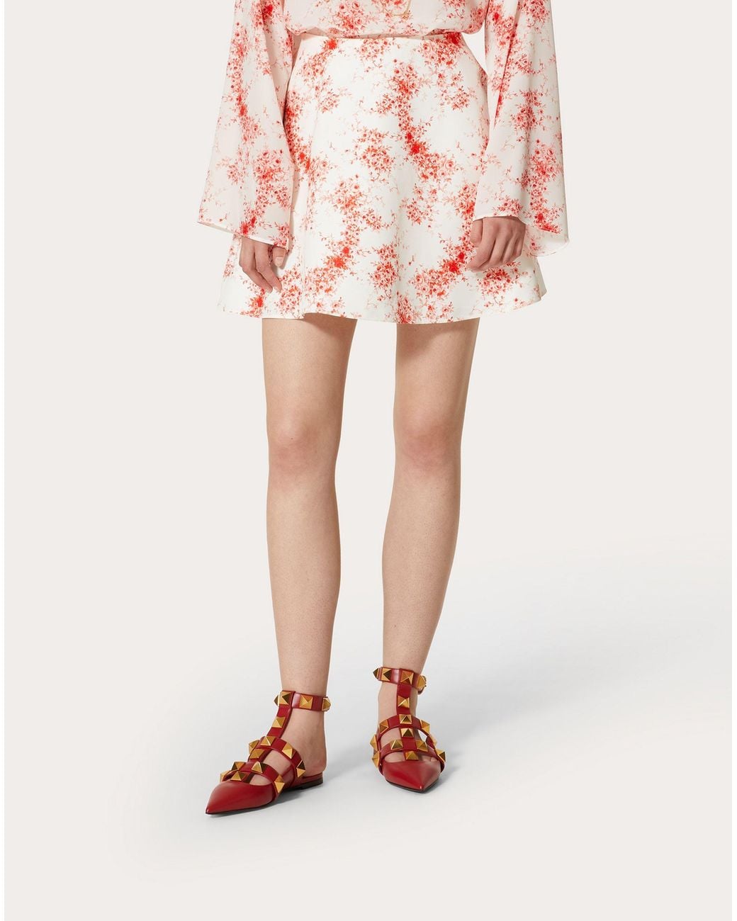 Valentino Red Rose-Print A-Line Skirt