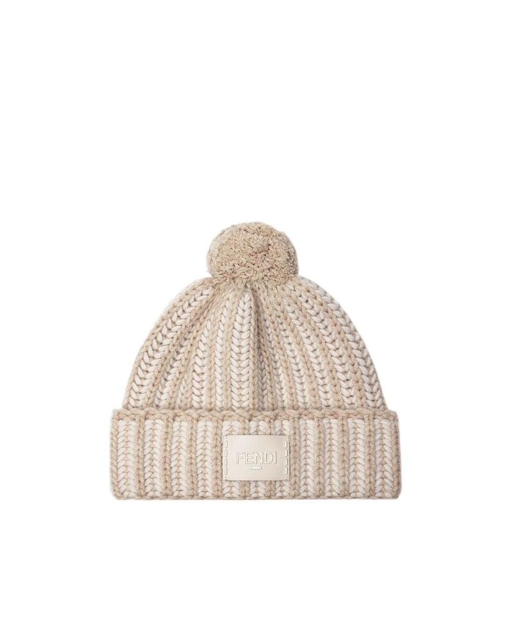 Fendi Natural Embroidered Pompom Beanie Hat