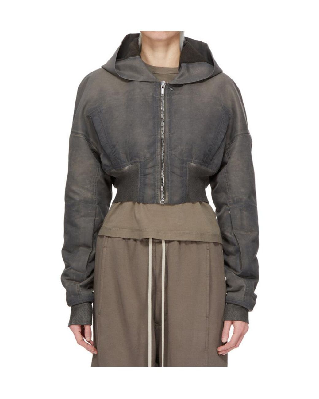 Rick Owens Gray Zip-Up Cropped Hoodie