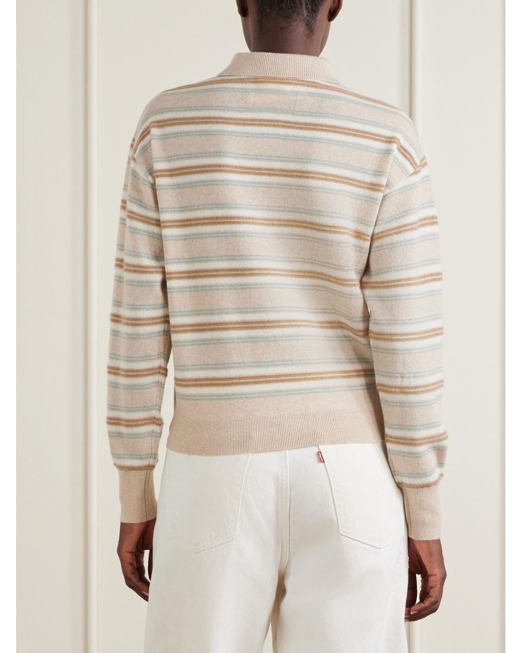 Guest In Residence White Collegiate Striped Cashmere Polo Sweater