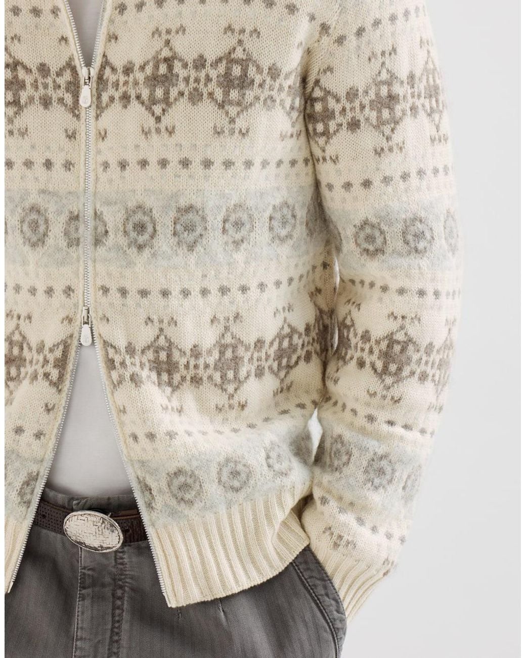 Brunello Cucinelli White Cashmere Jacquard High-Neck Cardigan With Zipper for men