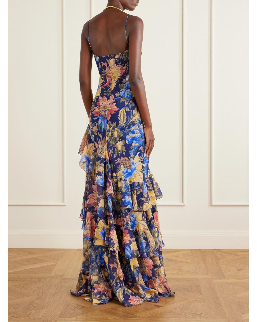 Etro Blue Floral-Print Ruffled Crepon Maxi Dress