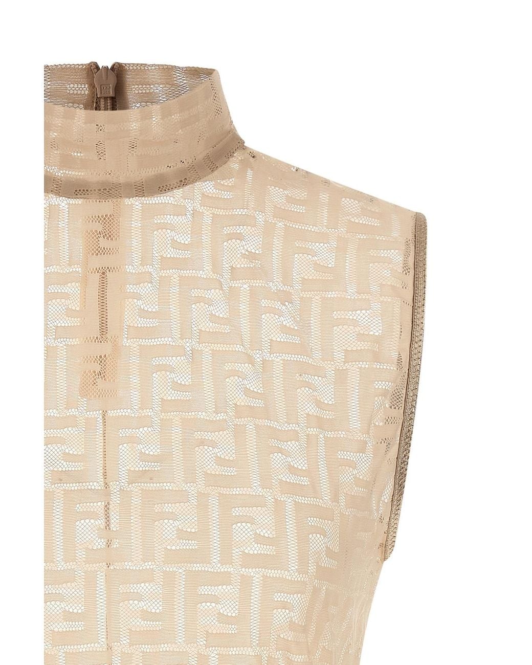Fendi Natural Crewneck Sleeveless Top With All-Over Ff Motif And Rear Zip Closure