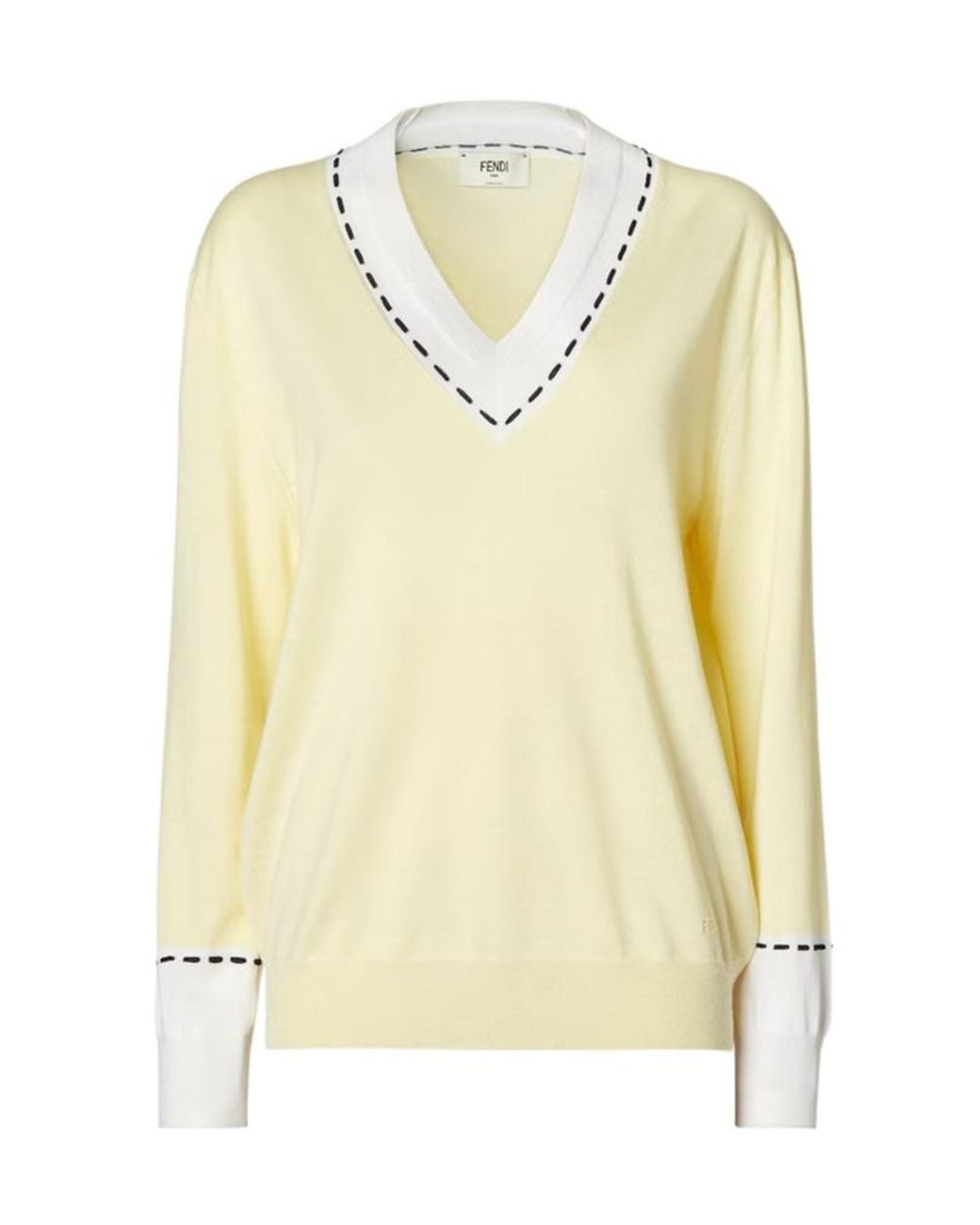 Fendi Yellow Constrast Stitch V-Neck Jumper