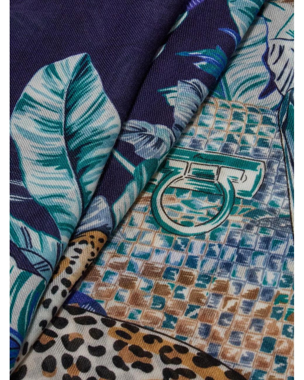 Ferragamo Blue Feline Print Pure Wool Stole