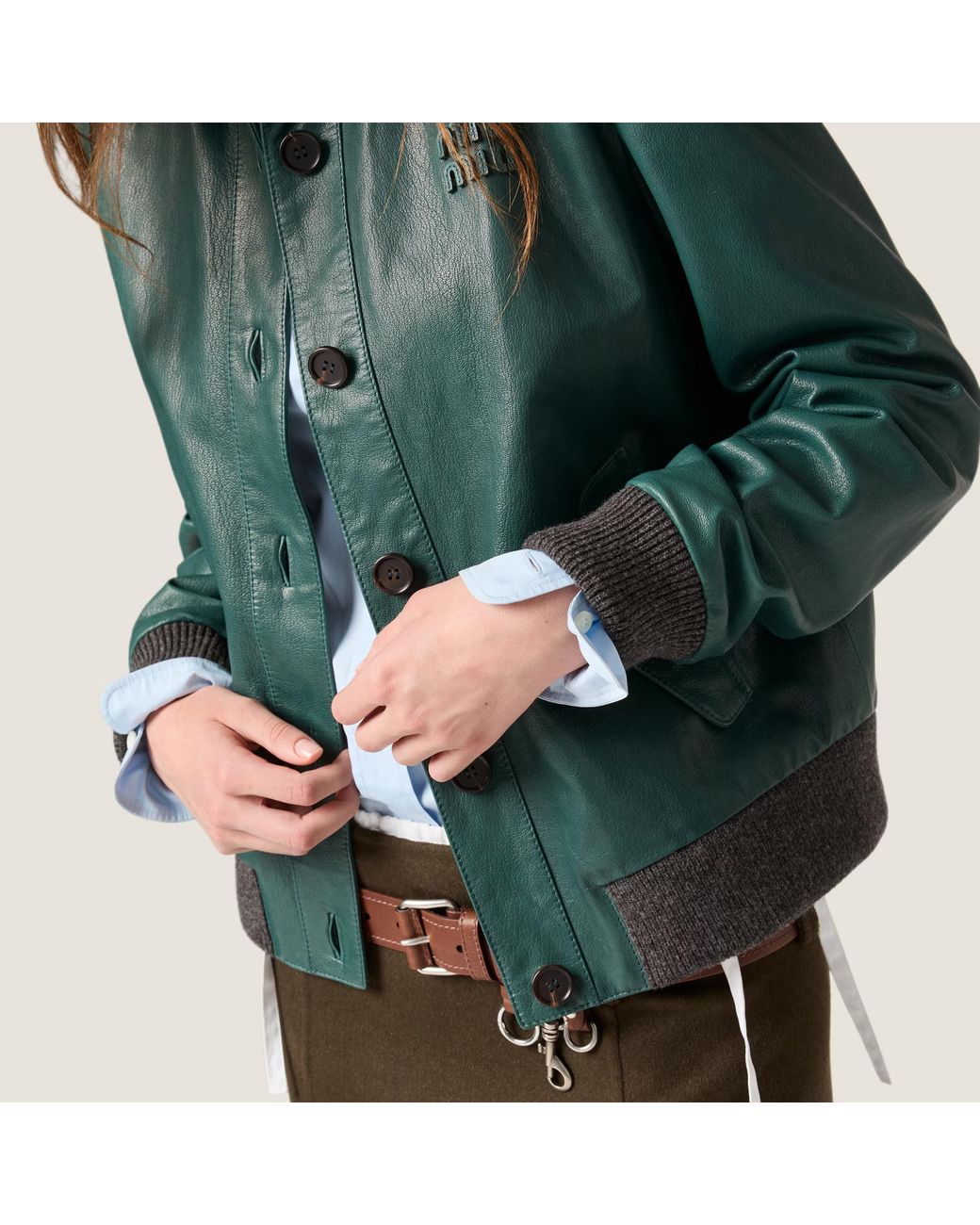 Miu Miu Green Long-Sleeved Leather Jacket