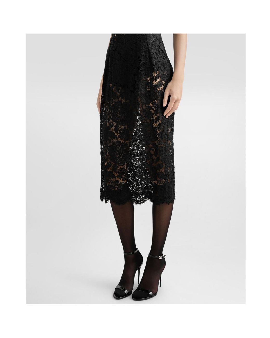 Dolce & Gabbana Black Floral-Lace Scallop Edge Sleeveless Midi Dress