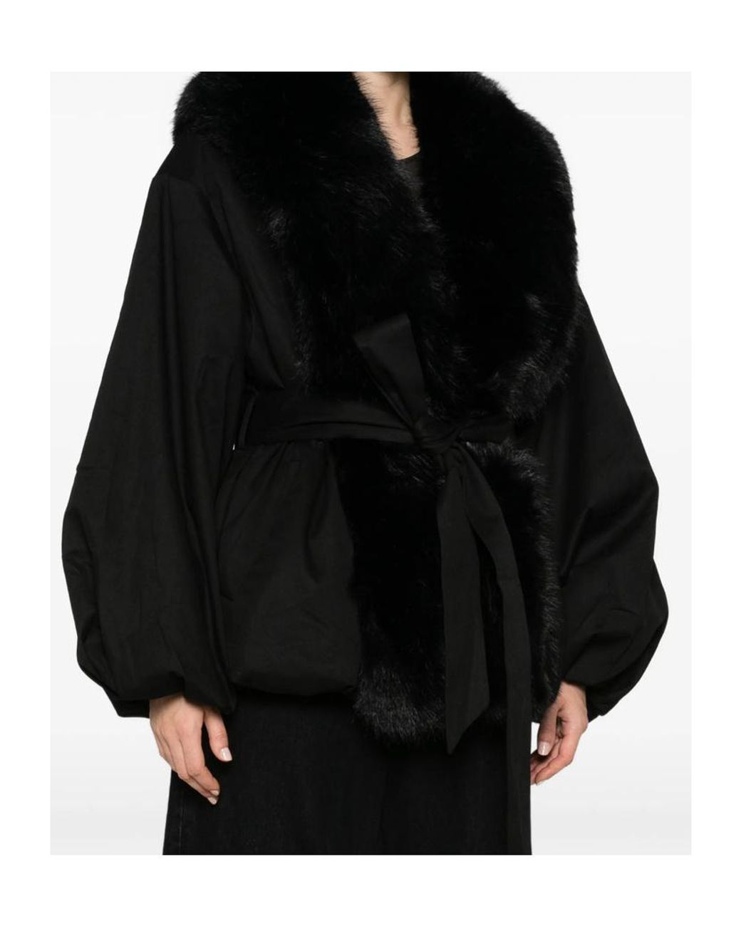 ROTATE BIRGER CHRISTENSEN Black Belted Faux Fur Collar Coat