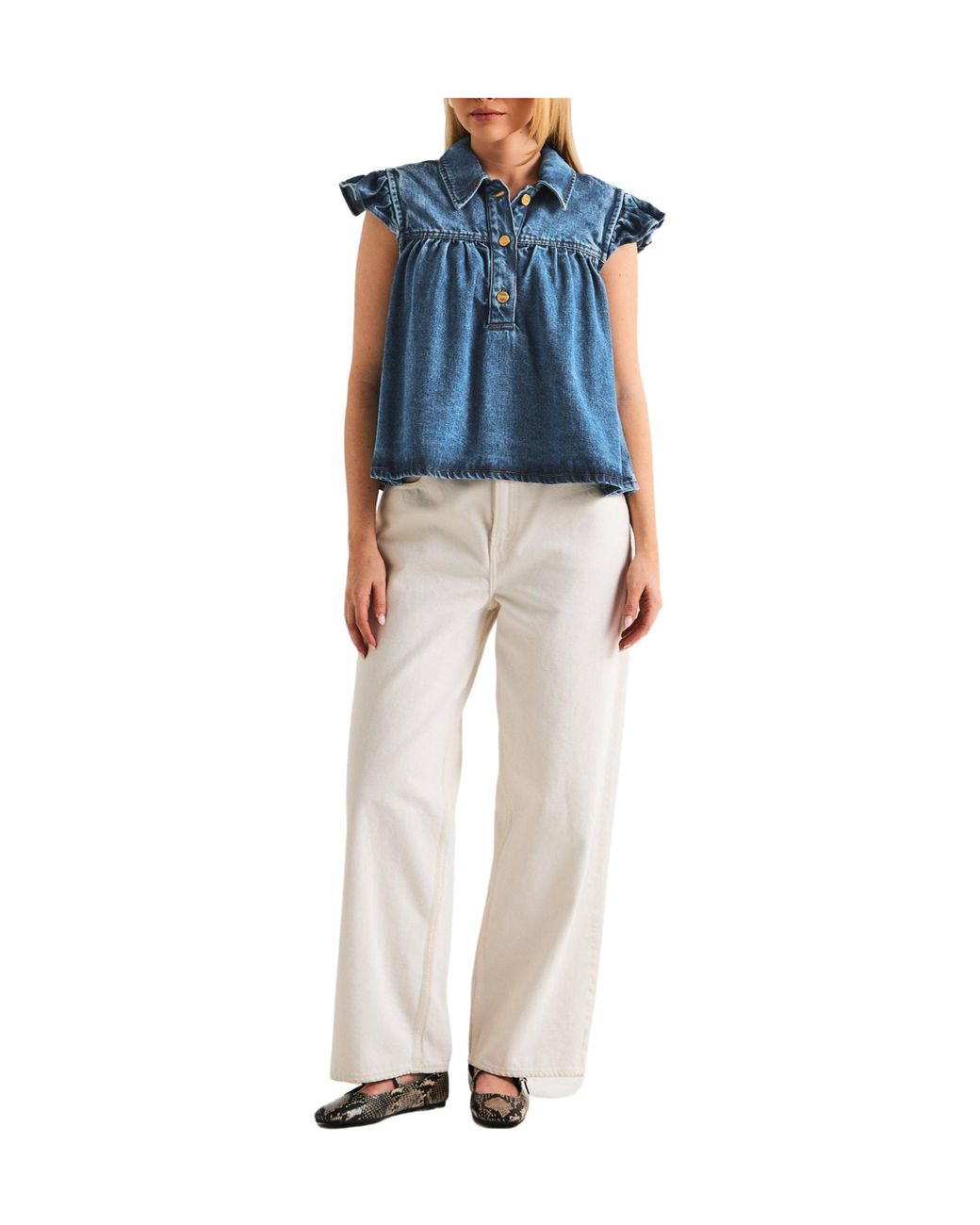 Ganni Blue Denim Short Sleeve Top