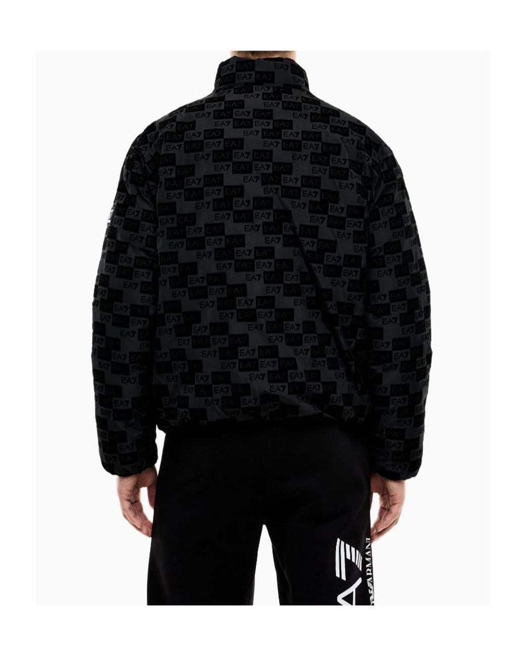 EA7 Black Oversized Hooded Bomber Jacket With Velvet Monogram for men