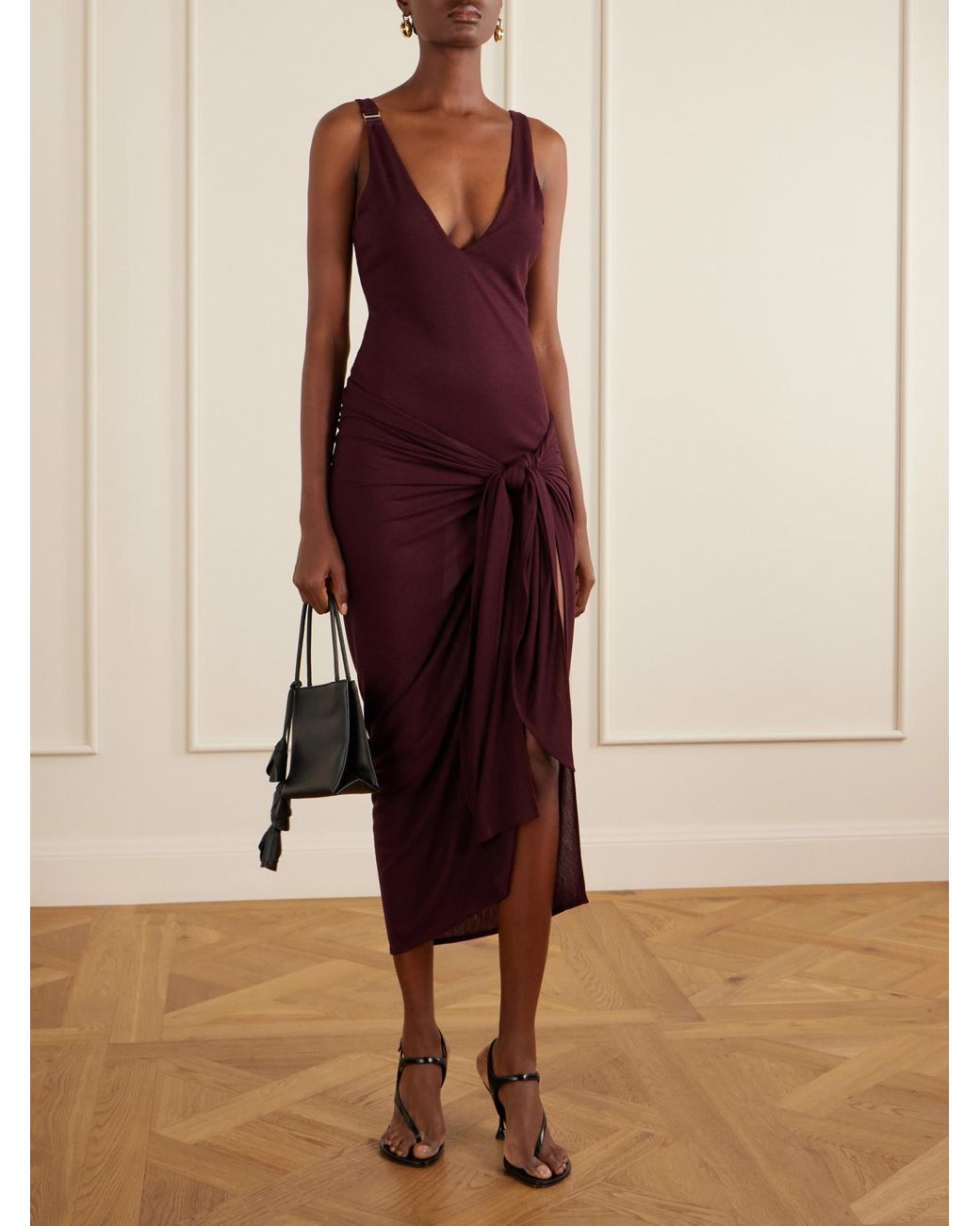 The Attico Red Knotted Ribbed Midi Dress