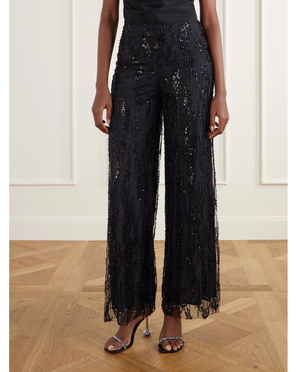 Staud Black Sequin-Trimmed Organza Wide-Leg Pants