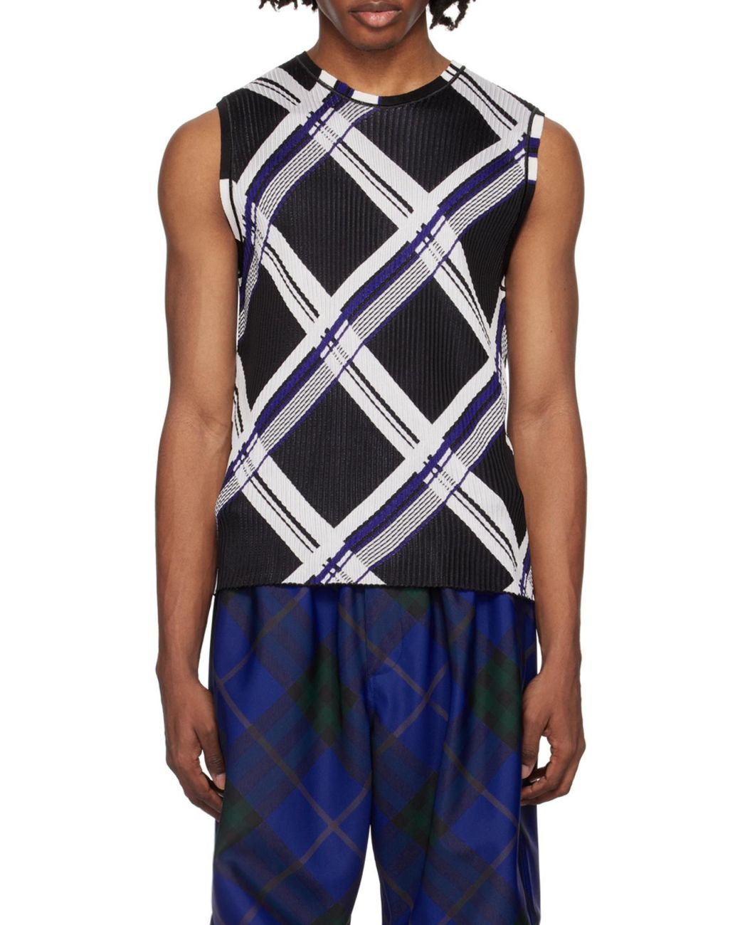 Burberry Blue Checked Ribbed-Knit Sleeveless Top for men