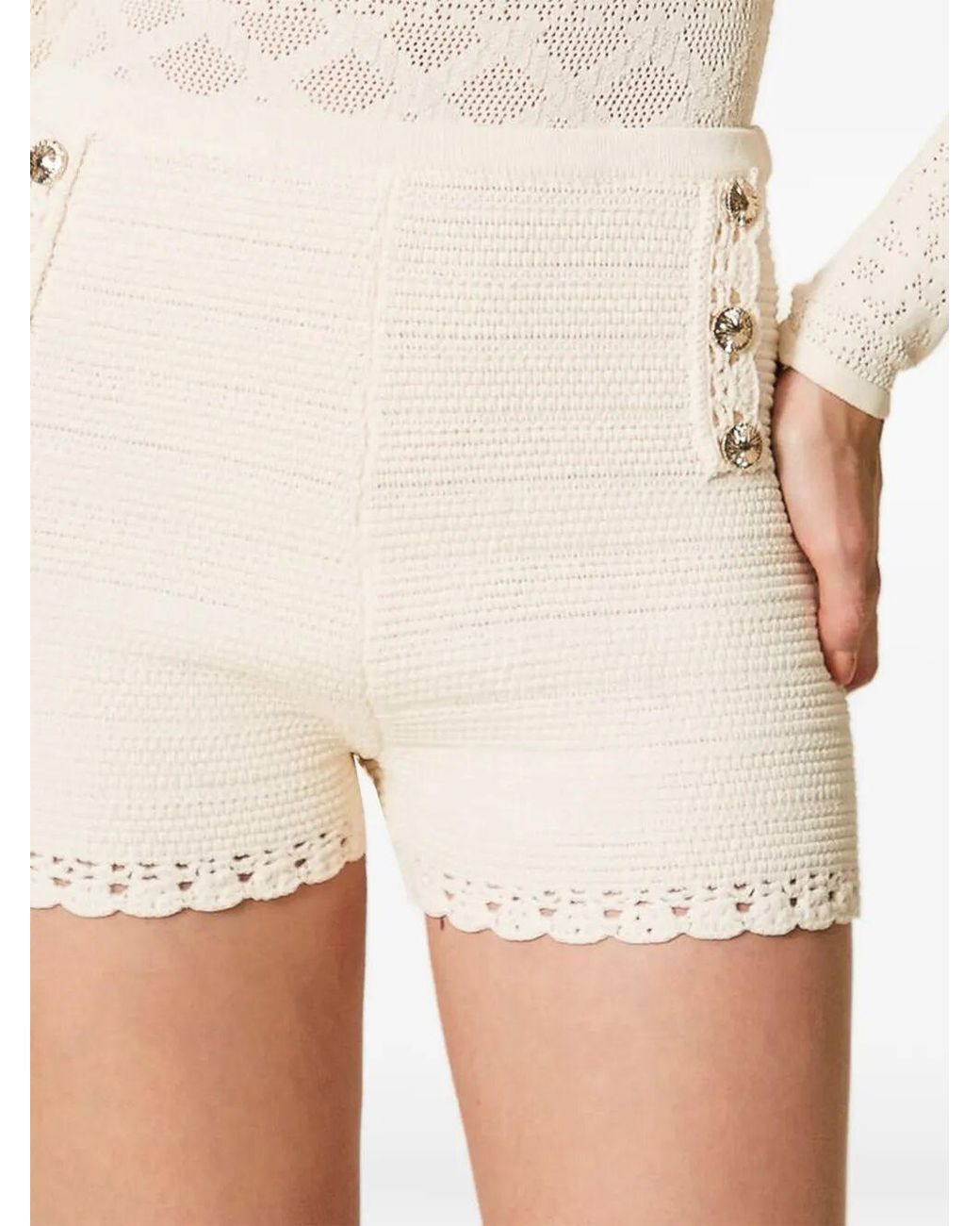 Twinset Natural Crochet Detailed Knitted Shorts