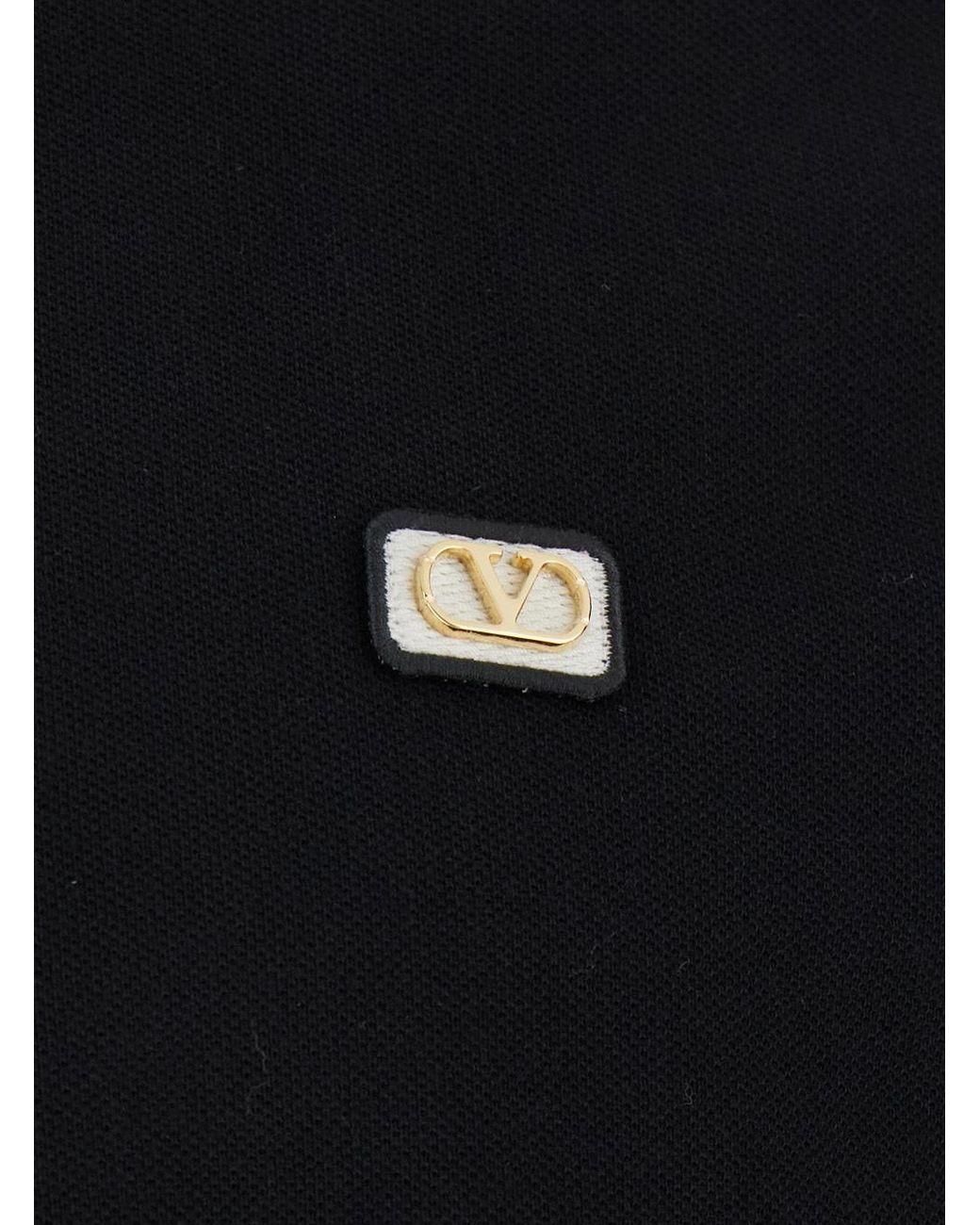 Valentino Black Logo Embroidered Straight Hem Polo Shirt for men