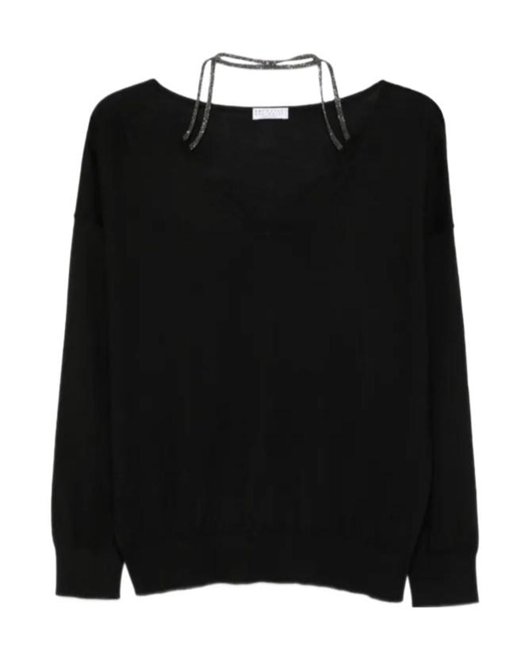Brunello Cucinelli Black Embellished V-Neck Sweater